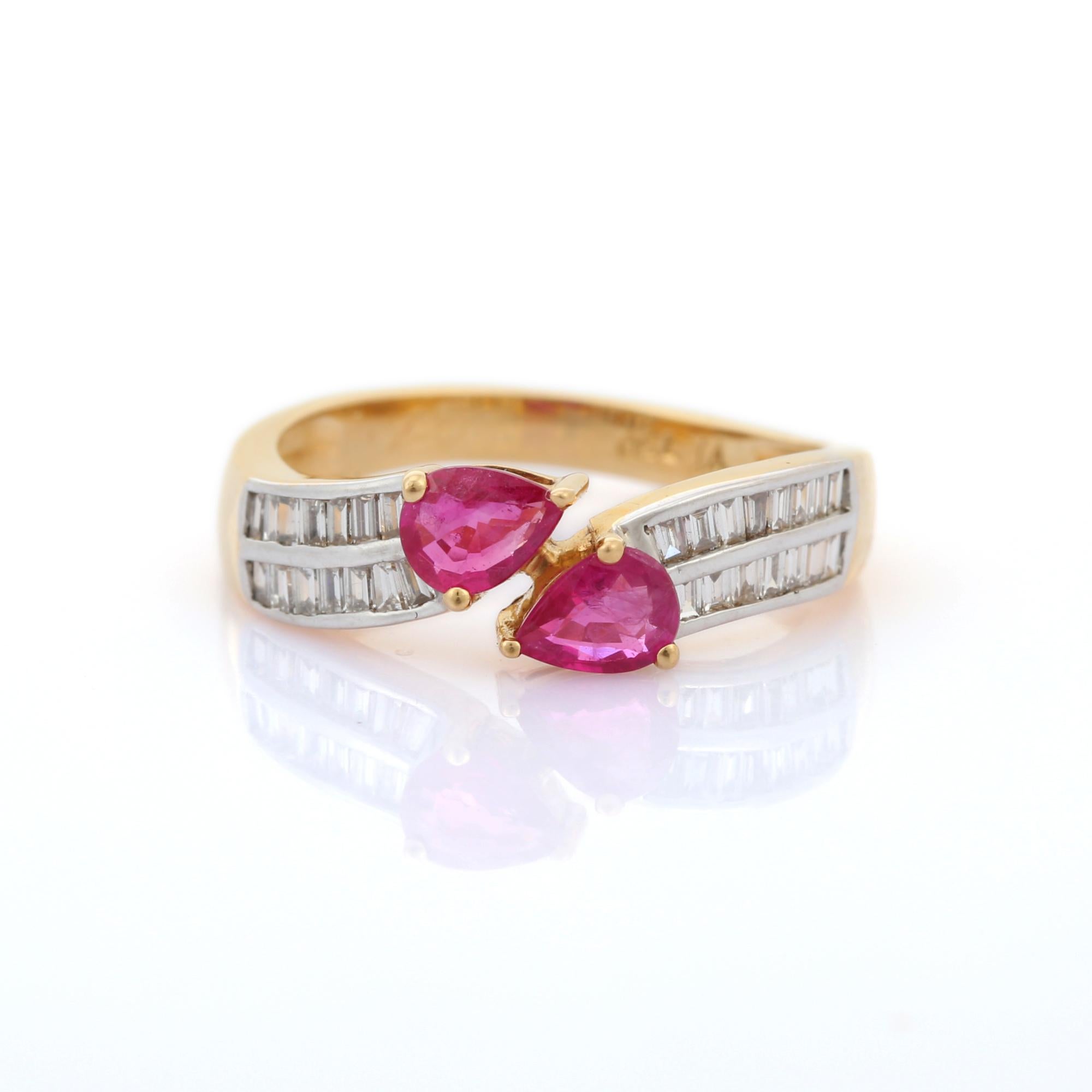 For Sale:  Handcrafted 18K Solid Yellow Gold Pear Cut Ruby and Diamond Wrap Around Ring 2