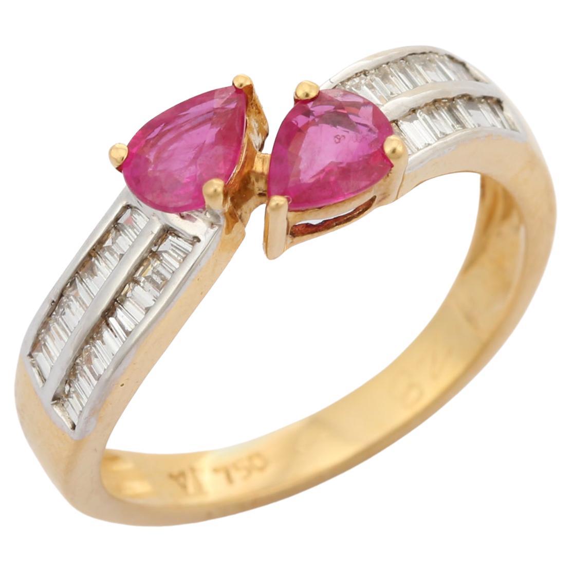 Handcrafted 18K Solid Yellow Gold Pear Cut Ruby and Diamond Wrap Around Ring