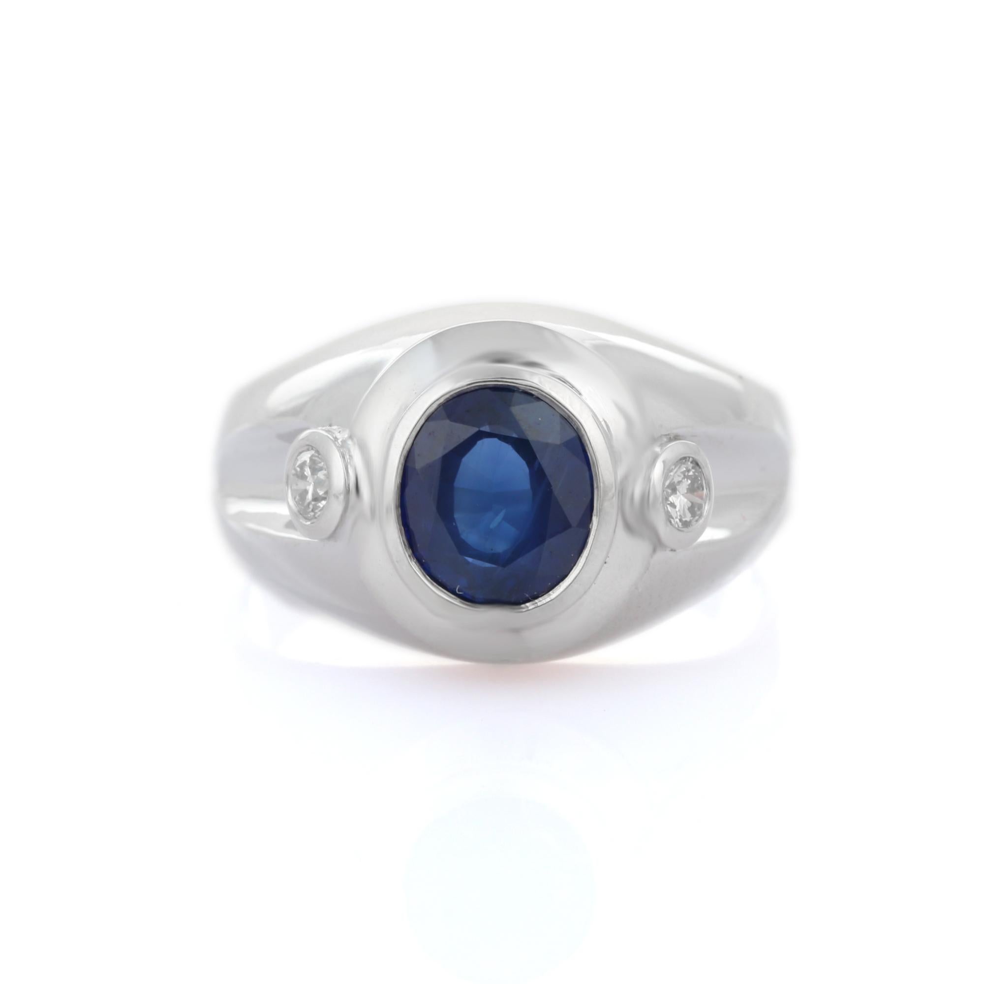 For Sale:  18k Solid White Gold Unisex Statement Ring with Blue Sapphire and Diamonds 2