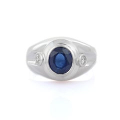 Blue Sapphire and Diamond Statement Wedding Ring for Men in 18k Solid White Gold