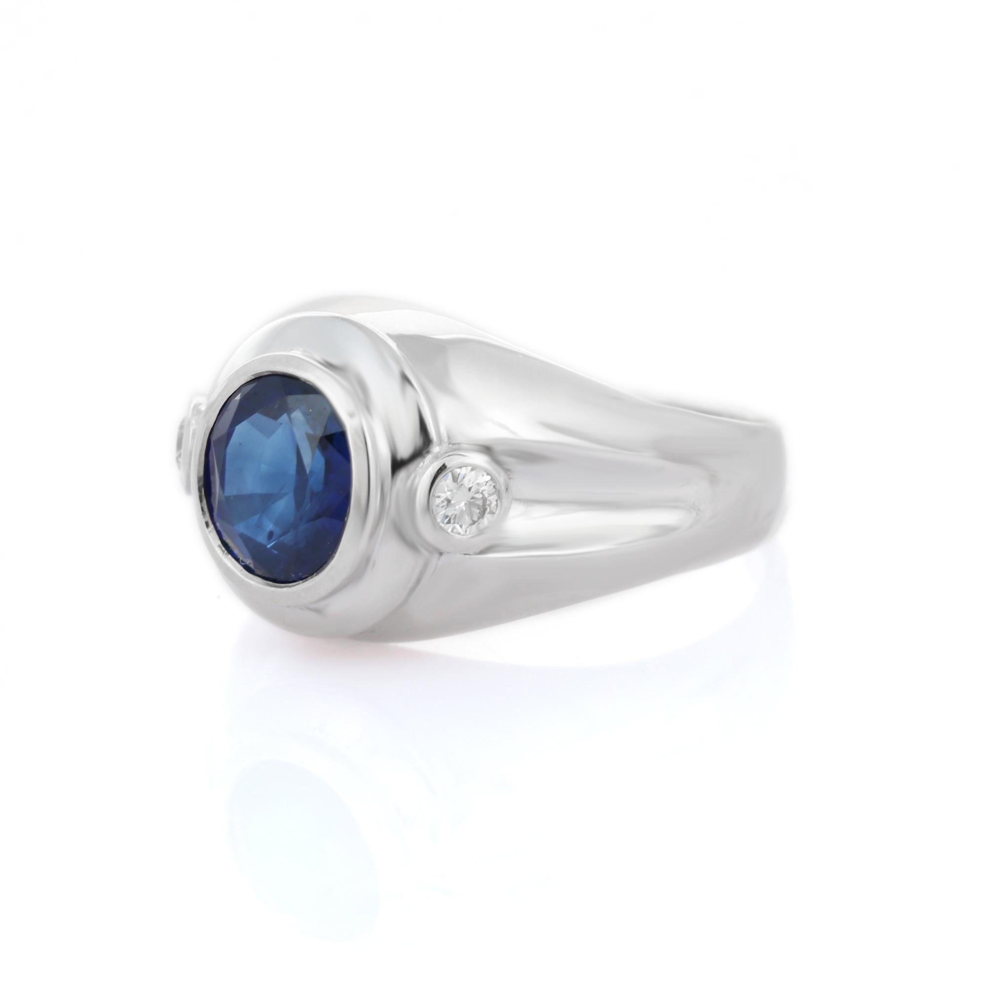 For Sale:  18k Solid White Gold Unisex Statement Ring with Blue Sapphire and Diamonds 3