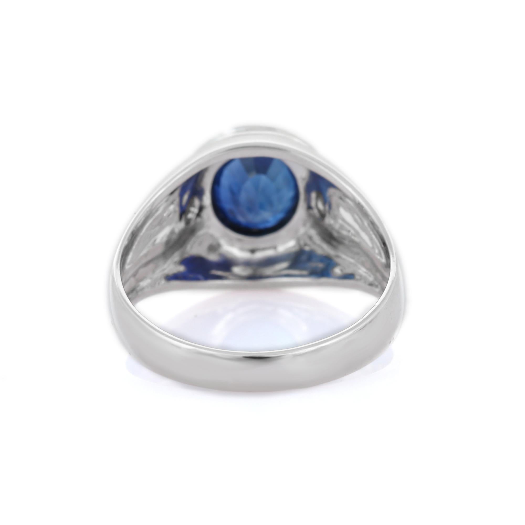 For Sale:  18k Solid White Gold Unisex Statement Ring with Blue Sapphire and Diamonds 4