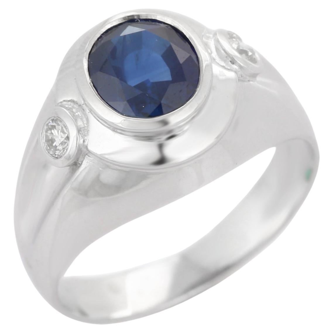 For Sale:  18k Solid White Gold Unisex Statement Ring with Blue Sapphire and Diamonds