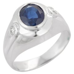 Men's 18k Solid White Gold Statement Ring with Blue Sapphire and Diamonds