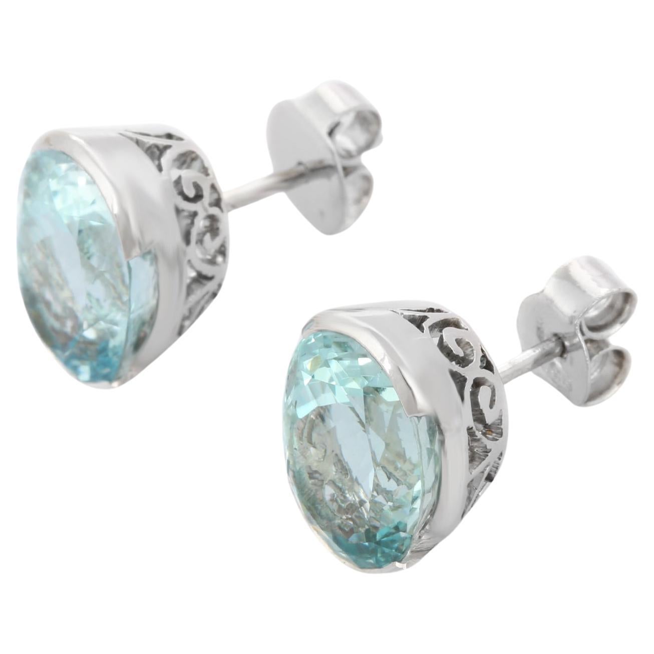 Clous d'oreilles en or blanc 18 carats avec aigue-marine bleue taille ovale brillante, fabrication artisanale 