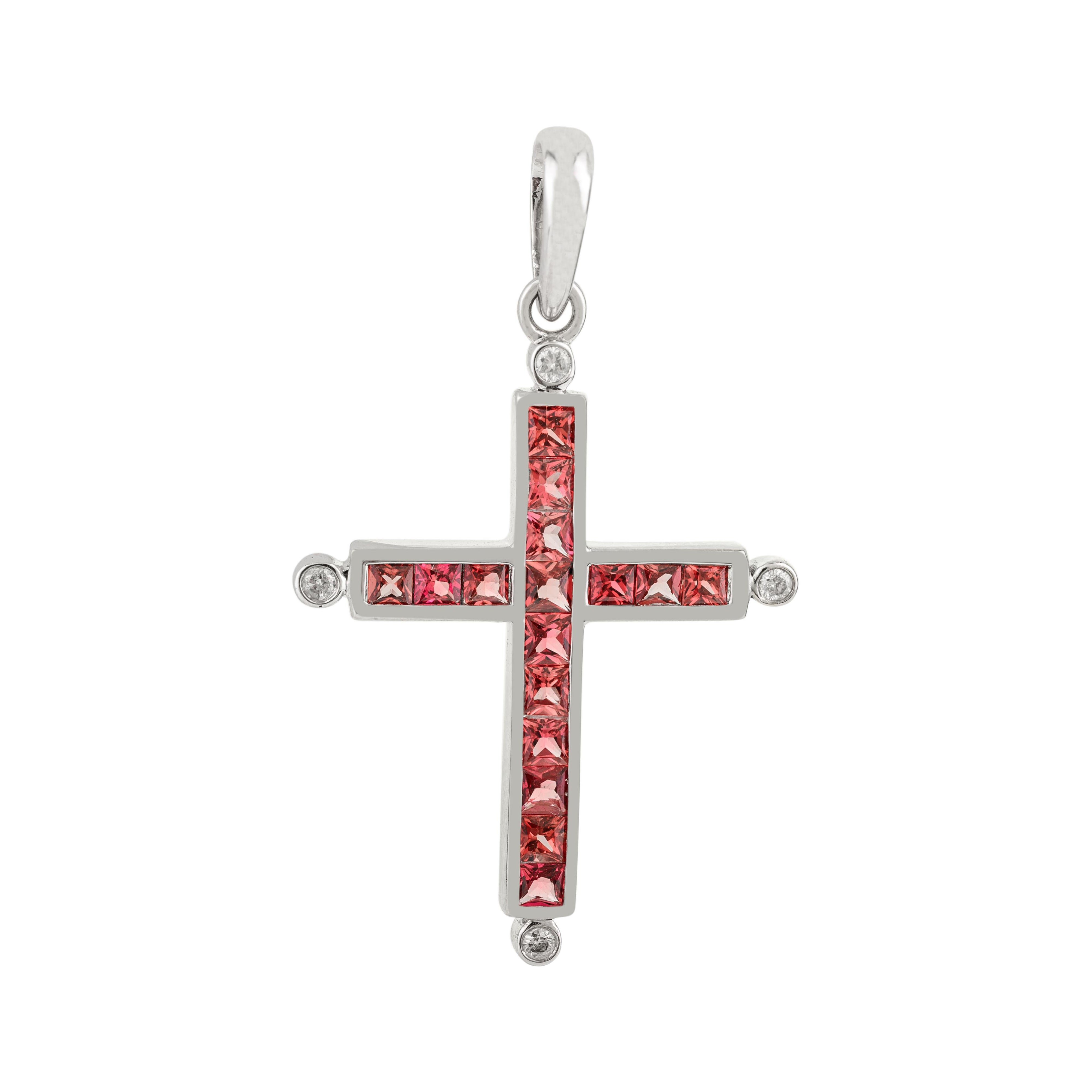 Handgefertigter 18k Weißgold Anhänger mit quadratischem Schliff Orange Saphir & Diamant Kreuz