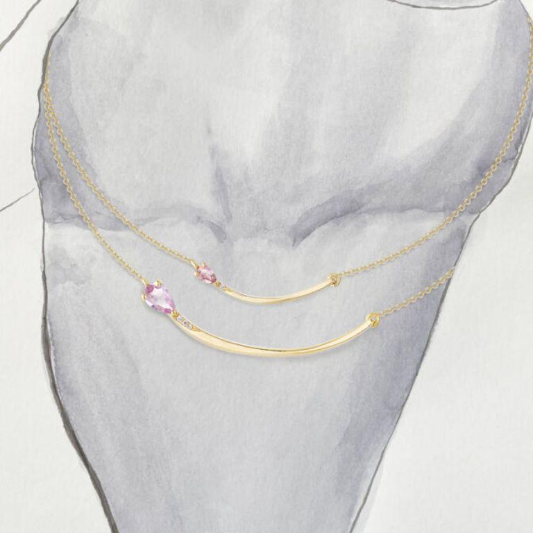 Brilliant Cut Handcrafted 18K Yellow Gold Necklace – Pink Sapphire & Pave Diamond Pendant For Sale
