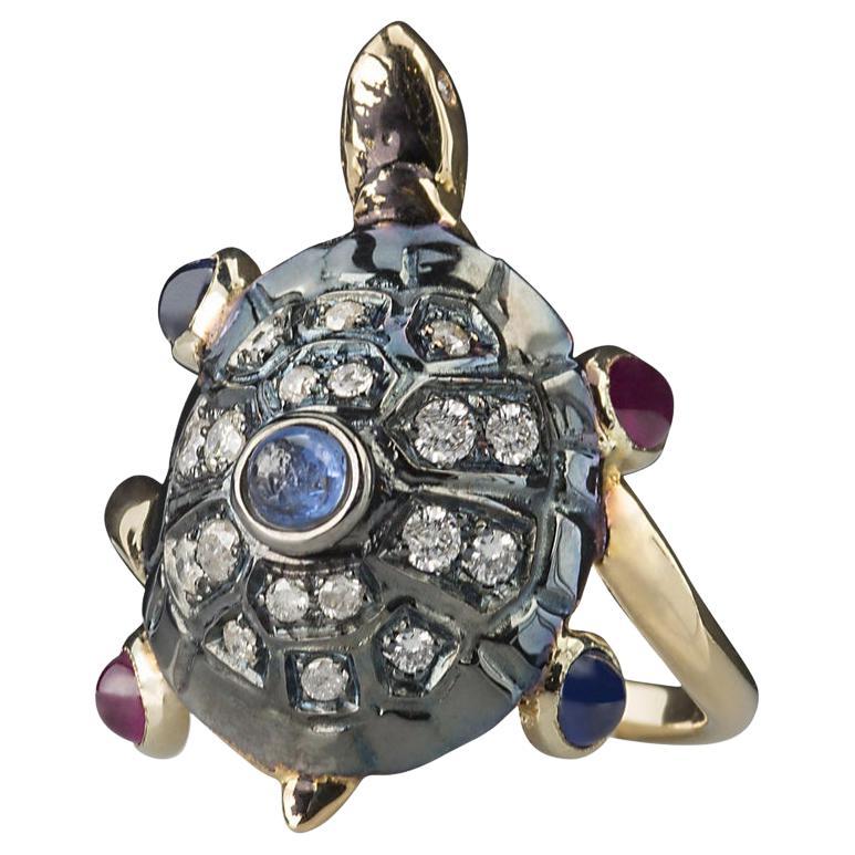 Handcrafted 18K  Gold 0.60Karat Sapphires 0.35C Ruby Turtle Cocktail Ring