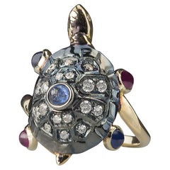 Handcrafted 18Karat Gold 0.60Karat Sapphires 0.35Karat Ruby Turtle Cocktail Ring