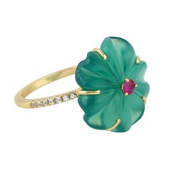 Handcrafted 18KT Gold Green Onyx Flower Ring with Ruby Center