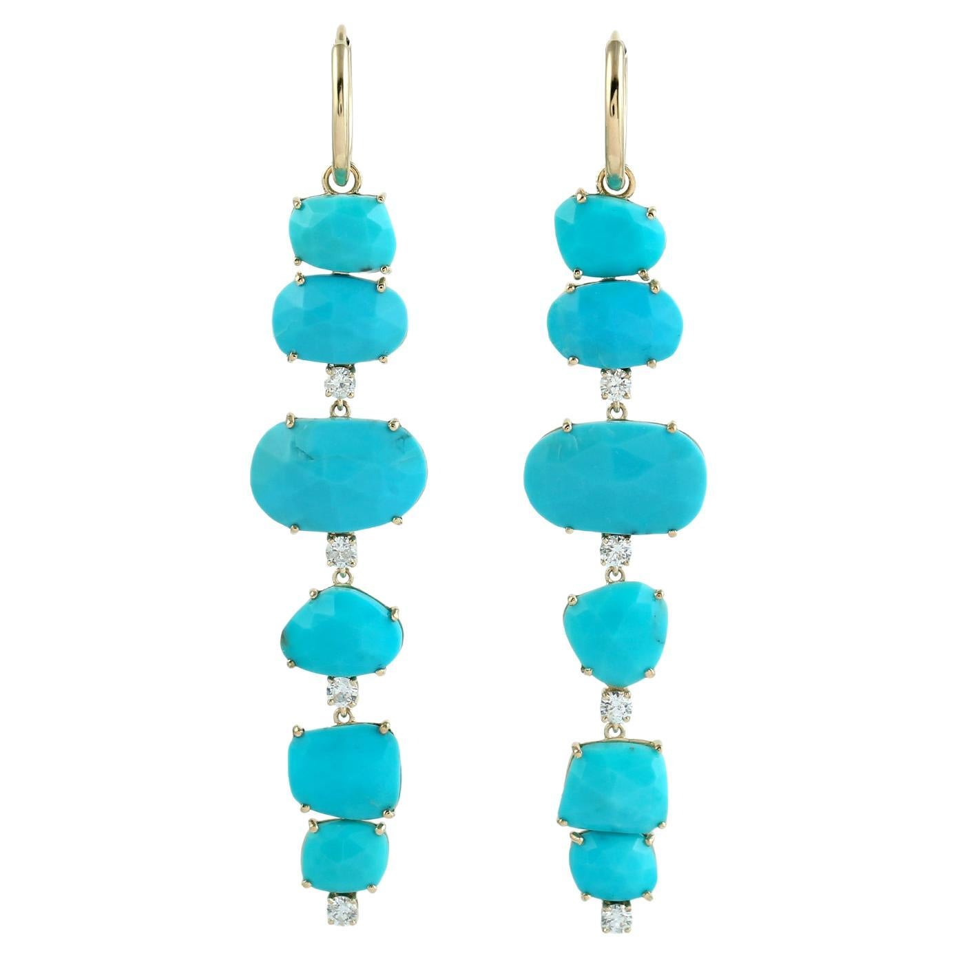 Handcrafted 18KT Gold Turquoise & Diamond Tiered Drop Earrings