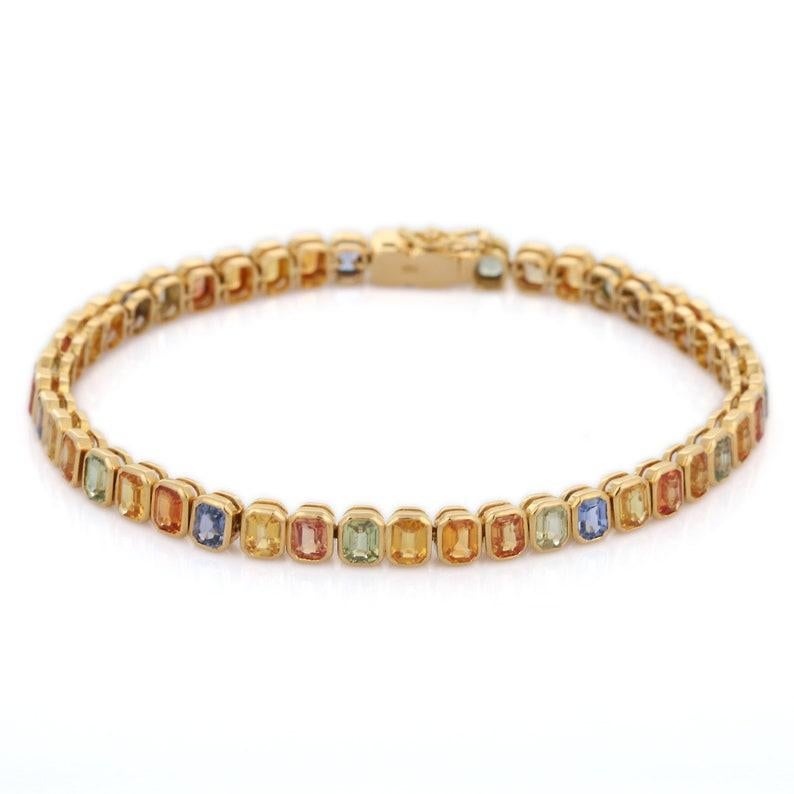 Handgefertigtes 18kt massives Gelbgold 10,85 Karat Multi-Sapphire-Tennisarmband (Moderne) im Angebot