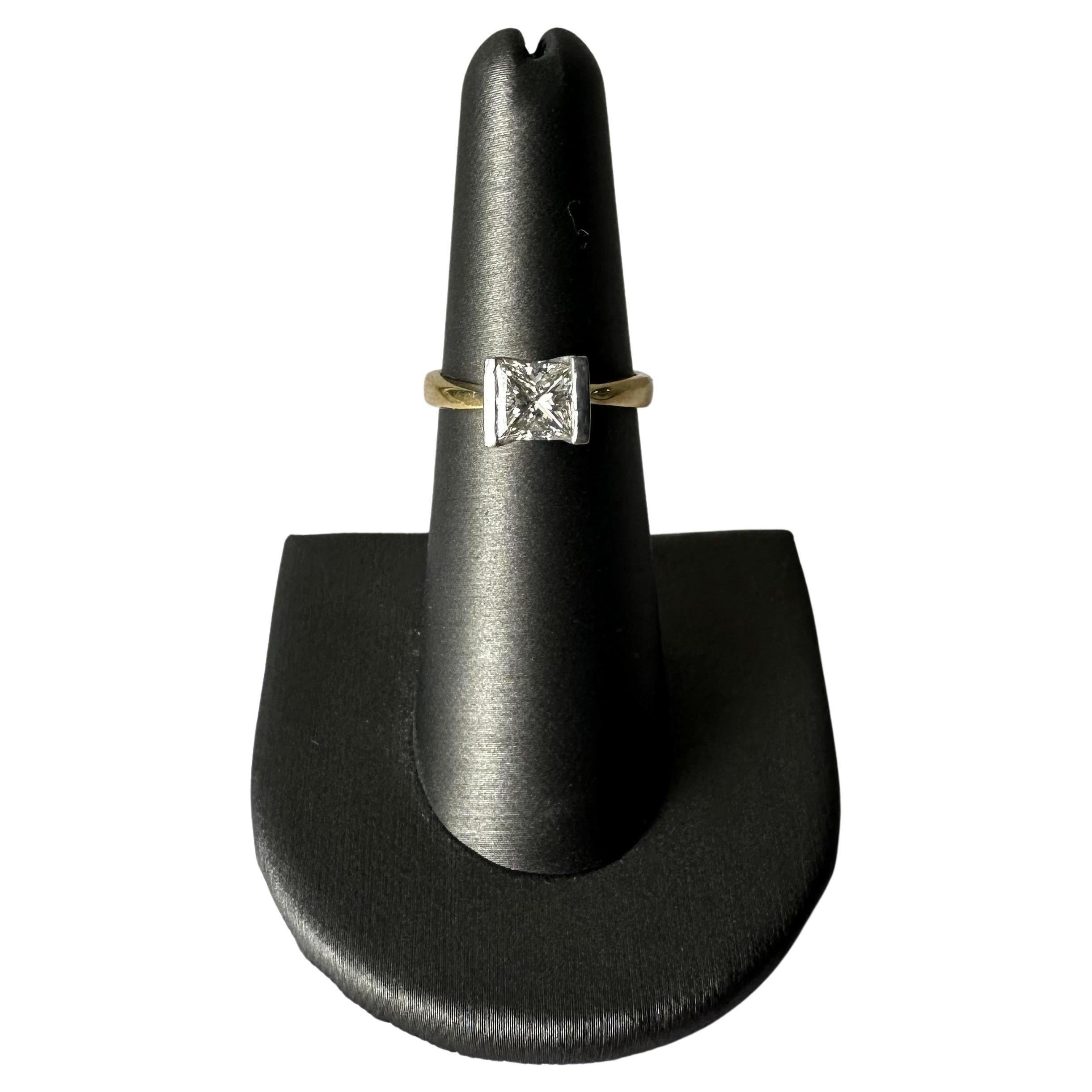 Handcrafted 18kt Two Tone Princess Cut Diamond Engagement Ring, GIA Certified For Sale