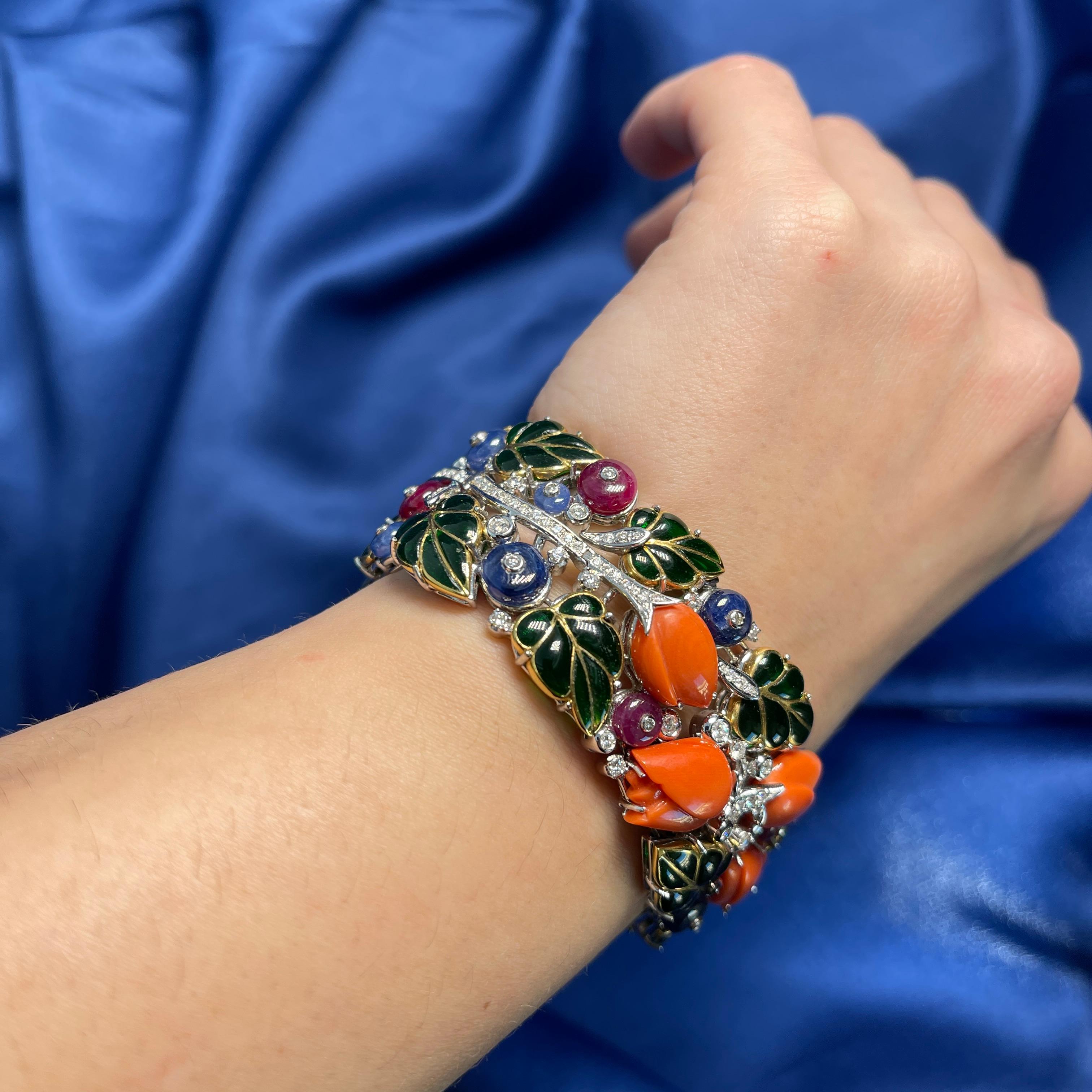 Handcrafted 18kt White Gold Rigid Bracelet with Emeralds, Sapphires, Rubies, and For Sale 5