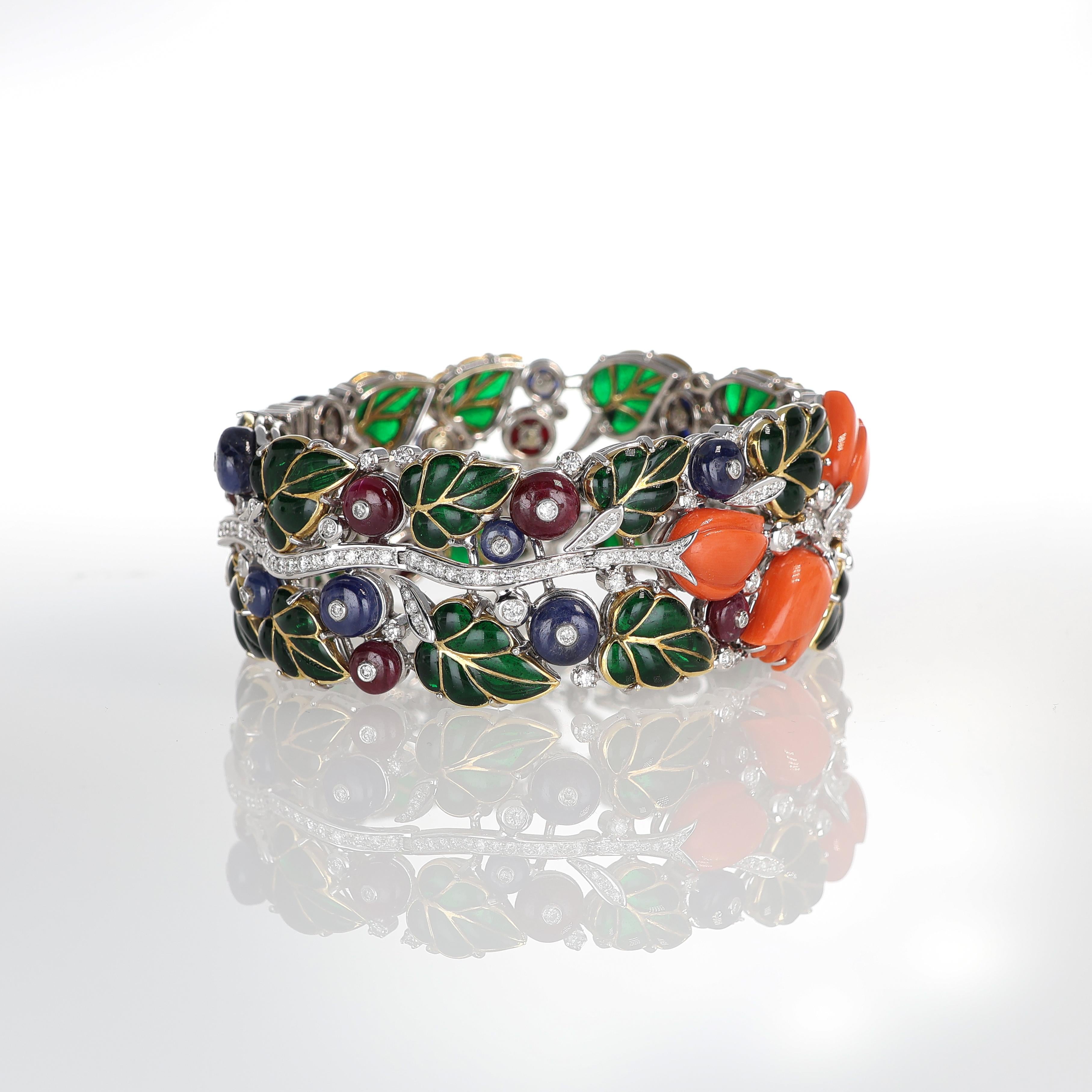 Brilliant Cut Handcrafted 18kt White Gold Rigid Bracelet with Emeralds, Sapphires, Rubies, and For Sale