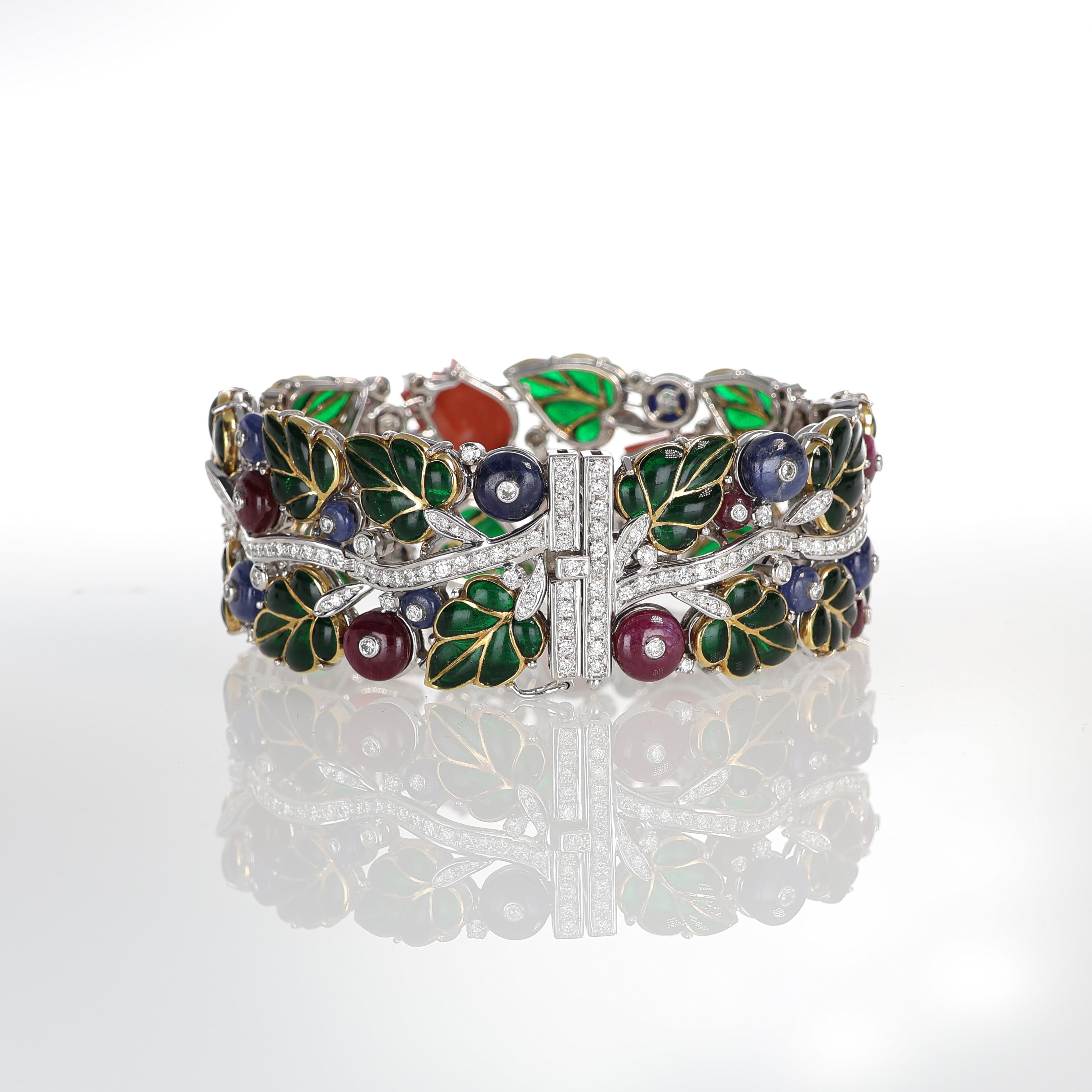 Women's or Men's Handcrafted 18kt White Gold Rigid Bracelet with Emeralds, Sapphires, Rubies, and For Sale