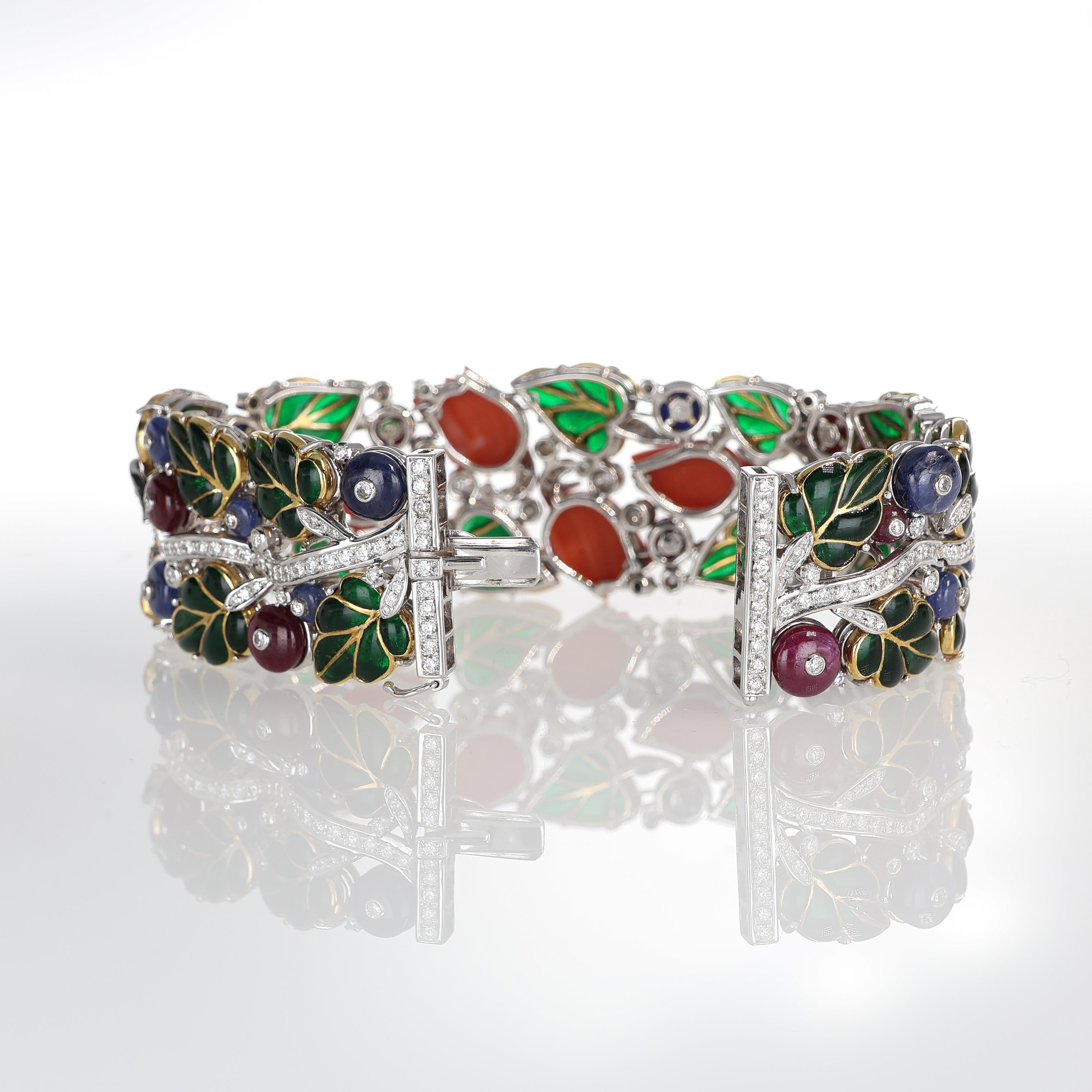 Handcrafted 18kt White Gold Rigid Bracelet with Emeralds, Sapphires, Rubies, and For Sale 1