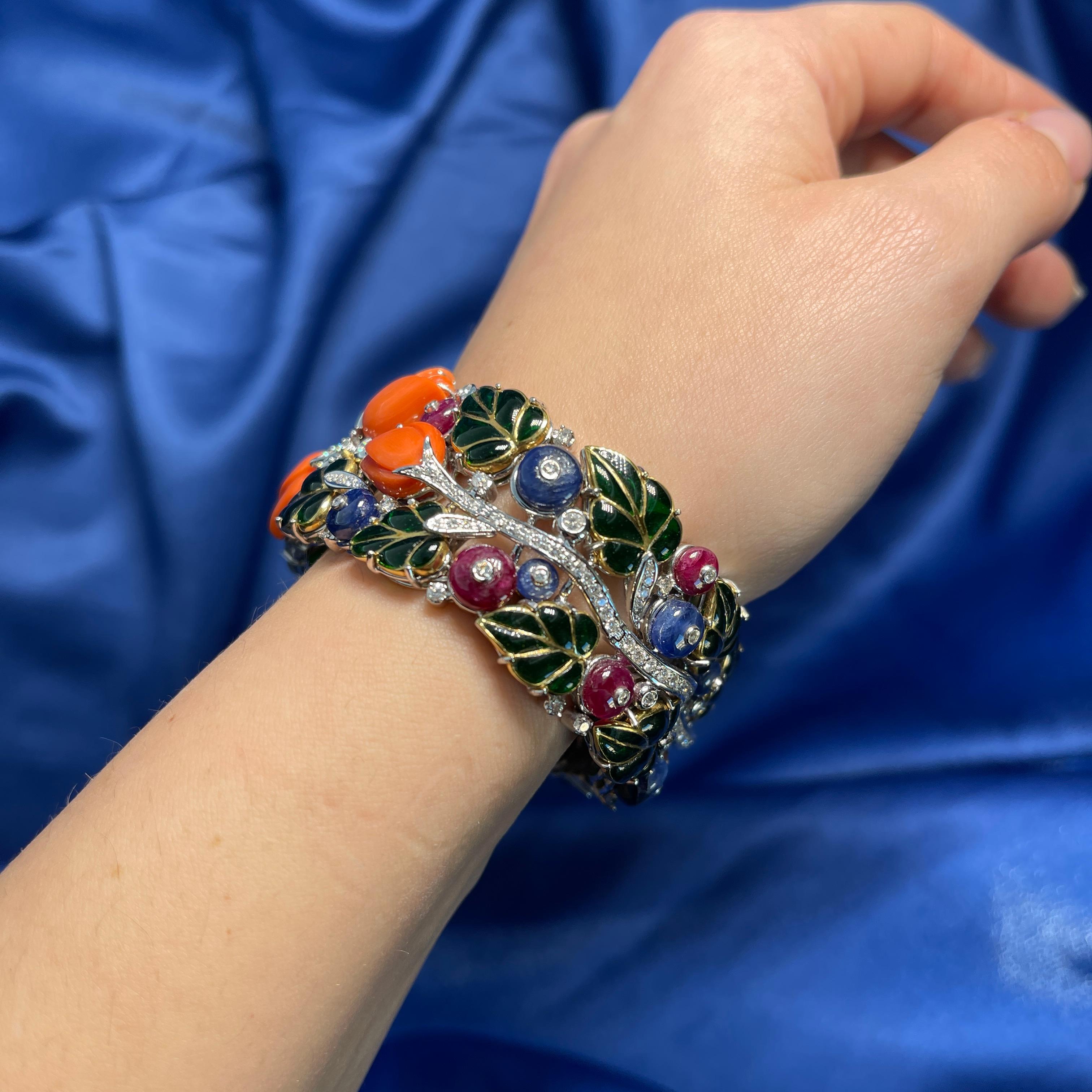 Handcrafted 18kt White Gold Rigid Bracelet with Emeralds, Sapphires, Rubies, and For Sale 4