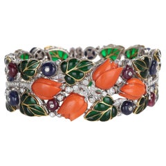 Bracelet artisanal en or blanc 18 carats avec émeraudes, saphirs, rubis et émeraudes