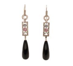 Handcrafted 18 Karat Gold, Diamonds, Emeralds Blue Sapphires Rubies Onyx Earring