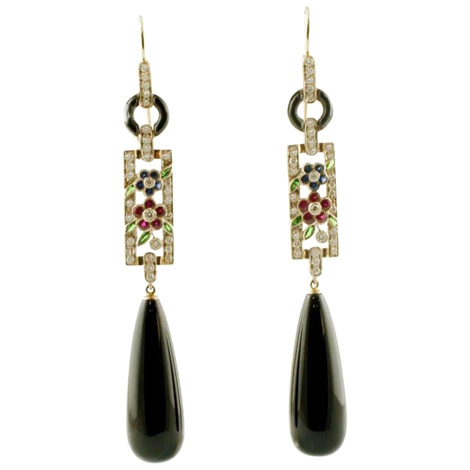 Handcrafted 18 Karat Gold, Diamonds, Emeralds Blue Sapphires Rubies Onyx Earring For Sale