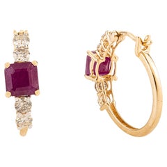 Handcrafted 1.99Ct Square Cut Ruby
Diamond Hoop Earrings in 14K Yellow Gold