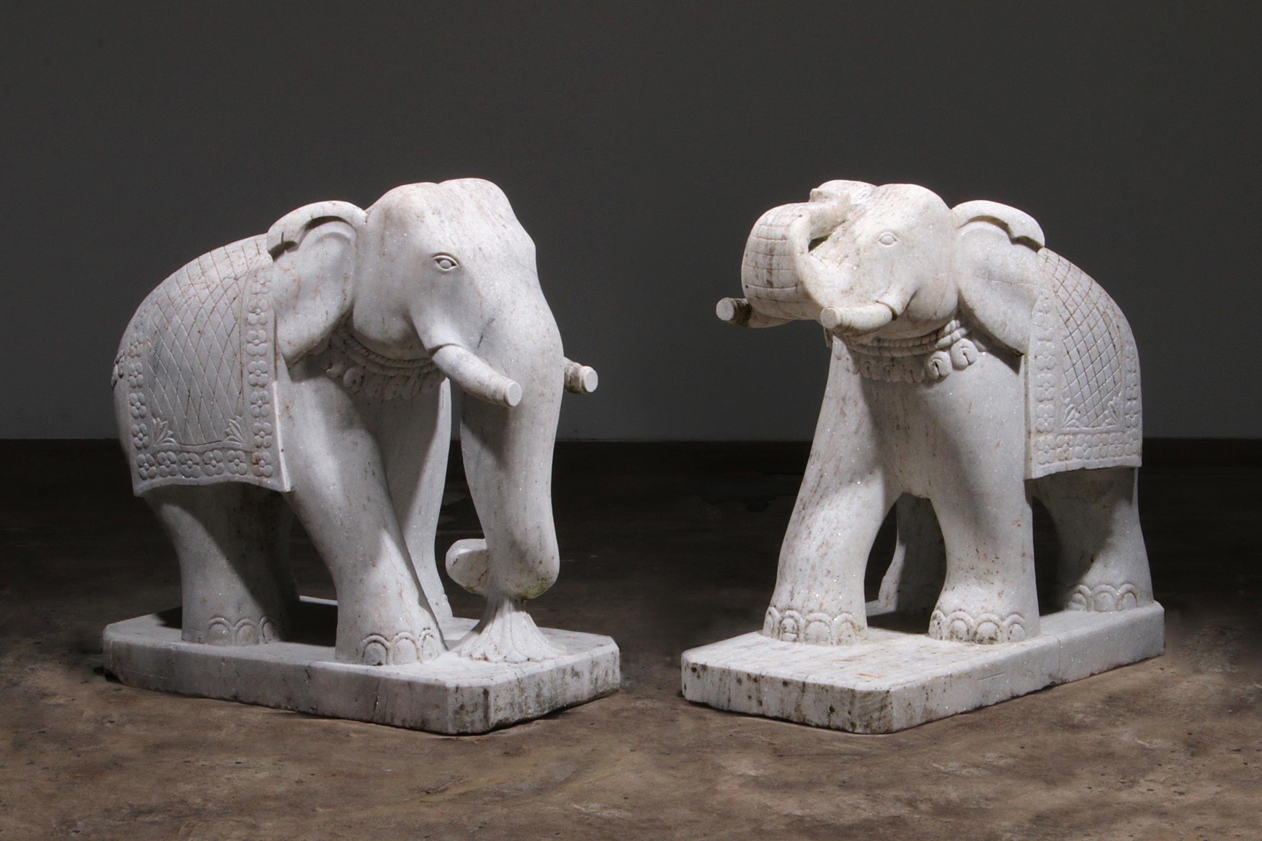Mid-Century Modern Handcrafted 2 Large Marble Elephant Statues For Sale