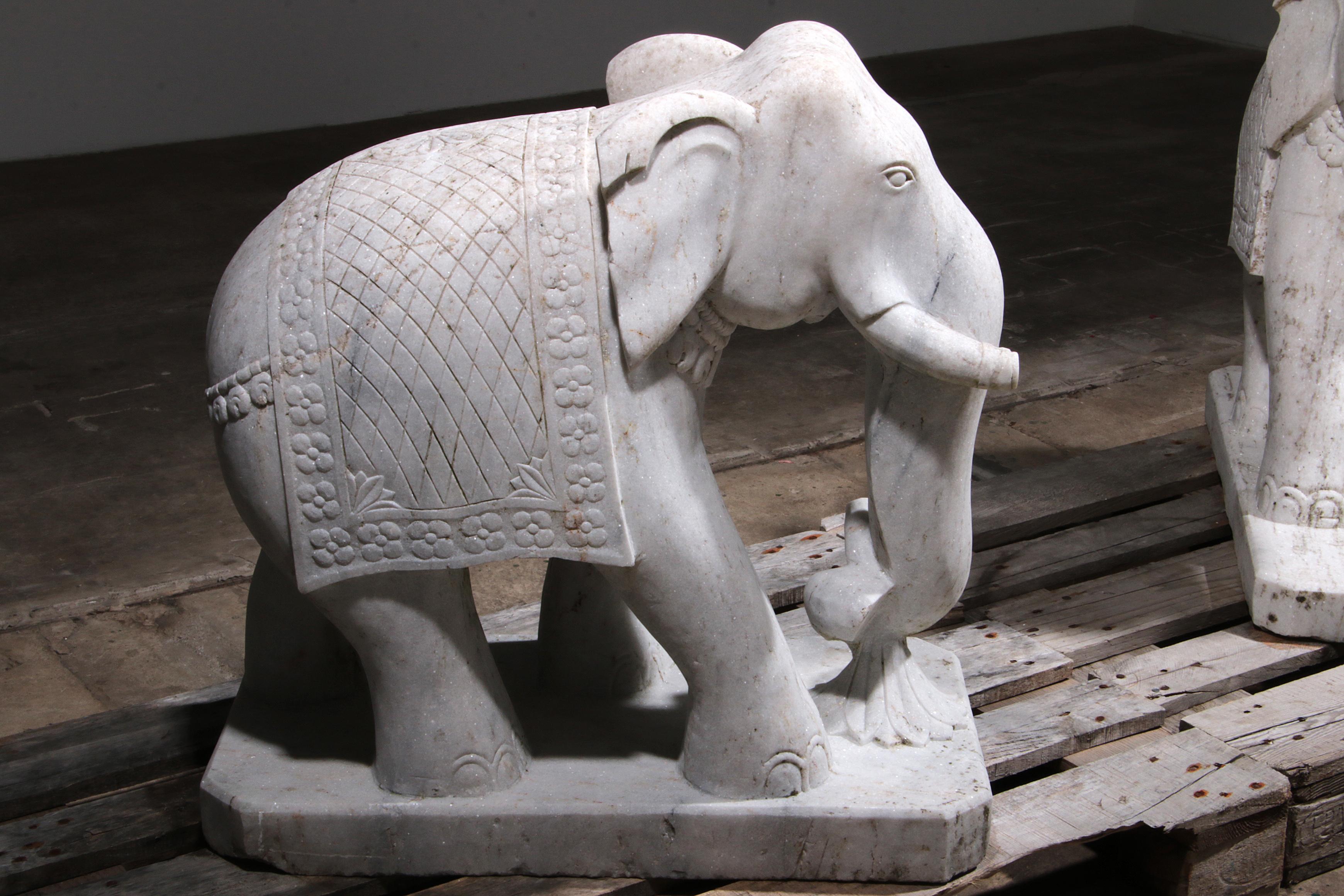 European Handcrafted 2 Large Marble Elephant Statues For Sale