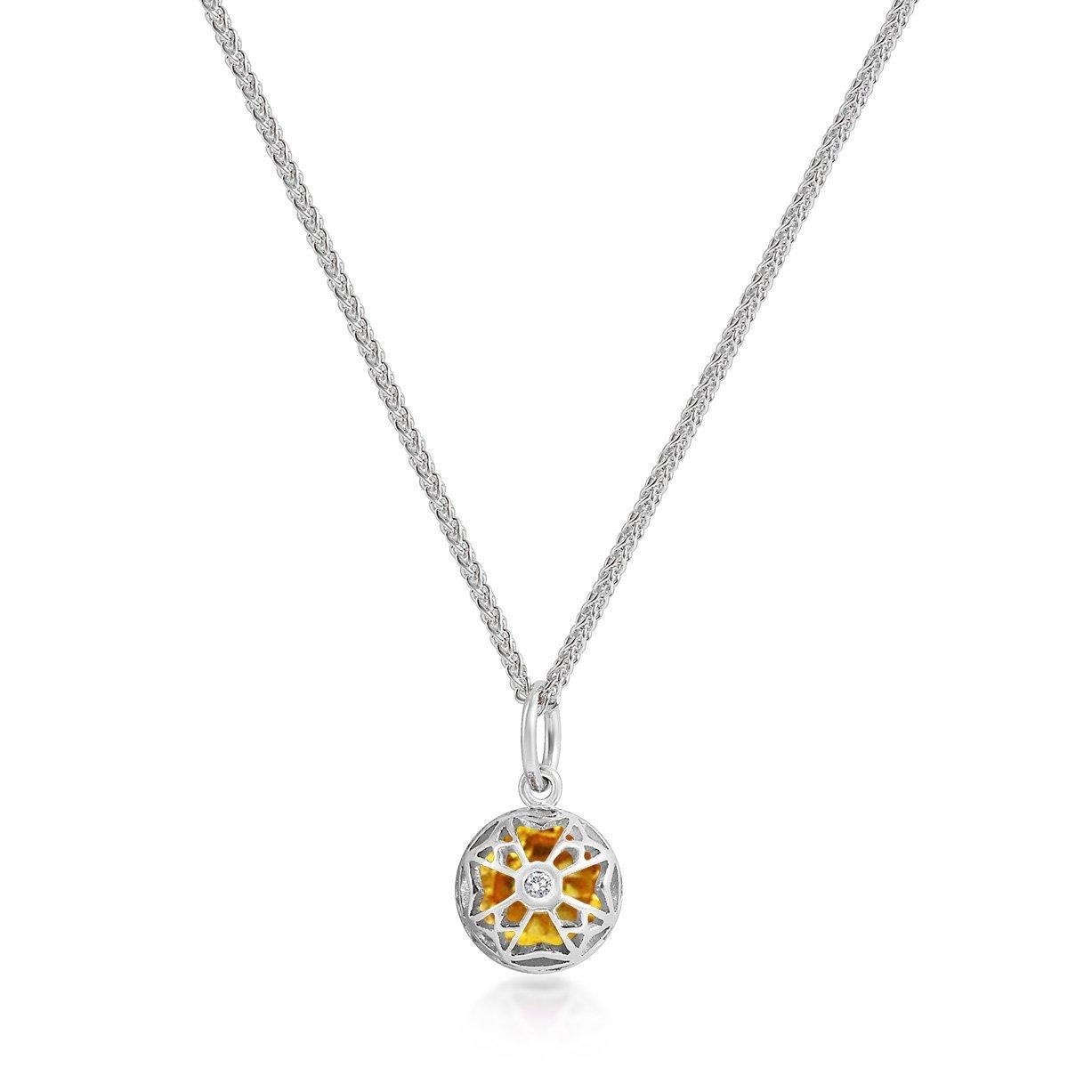 Handcrafted 1.50 Carats Yellow Sapphire 18 Karat White Gold Pendant Necklace. The 7mm natural stone is set in our iconic hand pierced gold lace to let the light through. Our pendants are the ideal gift. 

Here presented on our finely knitted gold