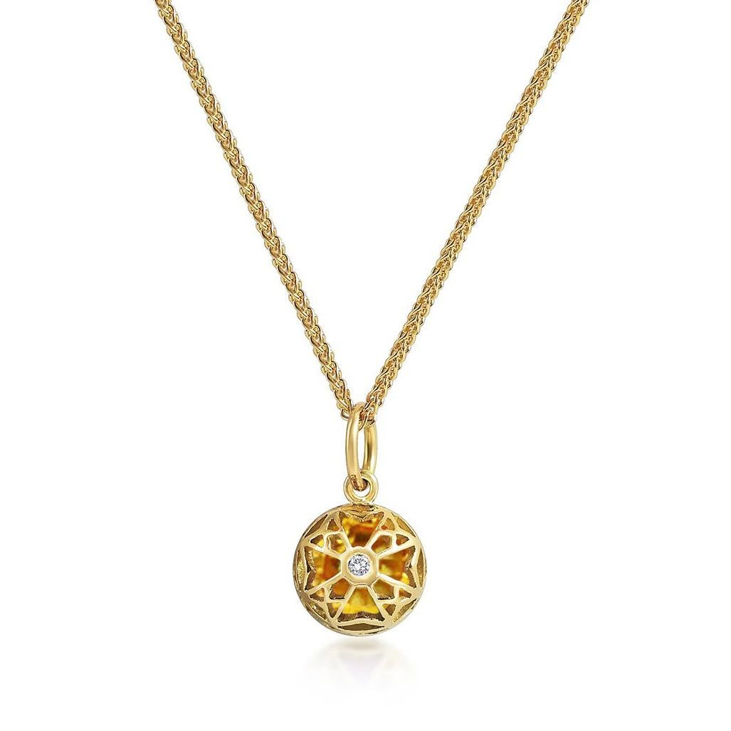 Handcrafted 1.50 Carats Yellow Sapphire 18 Karat Yellow Gold Pendant Necklace. The 7mm natural stone is set in our iconic hand pierced gold lace to let the light through. Our pendants are the ideal gift. 

Here presented on our finely knitted gold