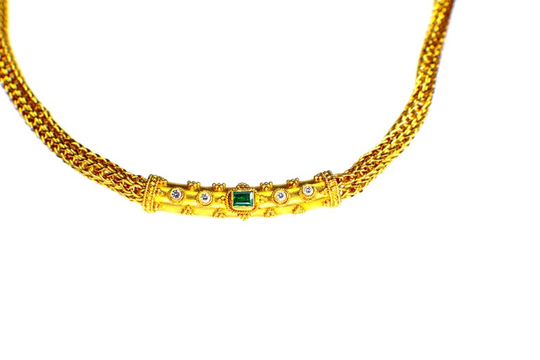 Baguette Cut GEMOLITHOS Handcrafted, 22 Karat Gold Emerald and Diamond Necklace For Sale