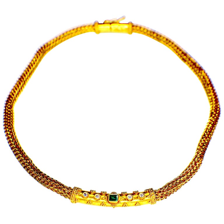 GEMOLITHOS Handcrafted, 22 Karat Gold Emerald and Diamond Necklace For Sale