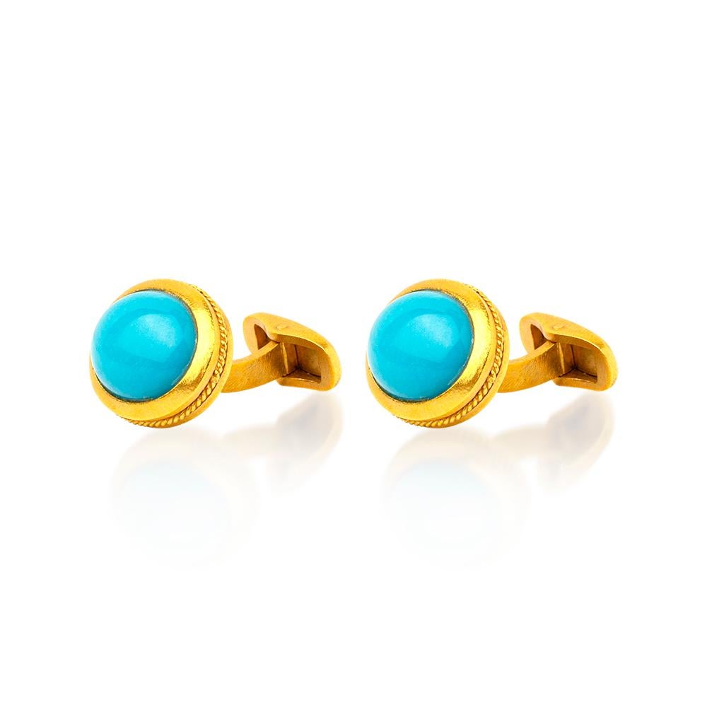 Handcrafted 22K Gold Arizona Turquoise Cufflinks In New Condition In Istanbul, TR