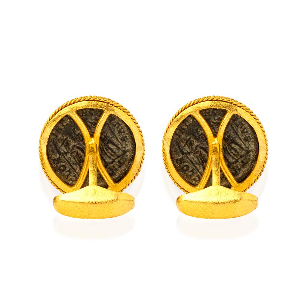 Handcrafted 22K Gold Byzantine Era Bronze Coin Cufflinks
Weight : 16,36 Grams 22 K  
Coin; 
4th and 5th Century AD Early Eastern Roman, Constantine Bronze Coin