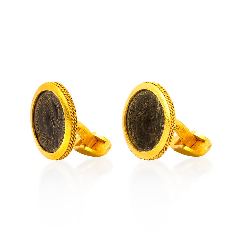 Handcrafted 22K Gold Byzantine Era Bronze Coin Cufflinks In New Condition In Istanbul, TR