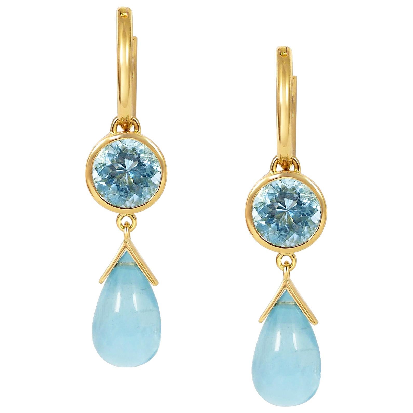 Handcrafted 2.70 & 4.40 Carats Aquamarines 18 Karat Yellow Gold Drop Earrings For Sale