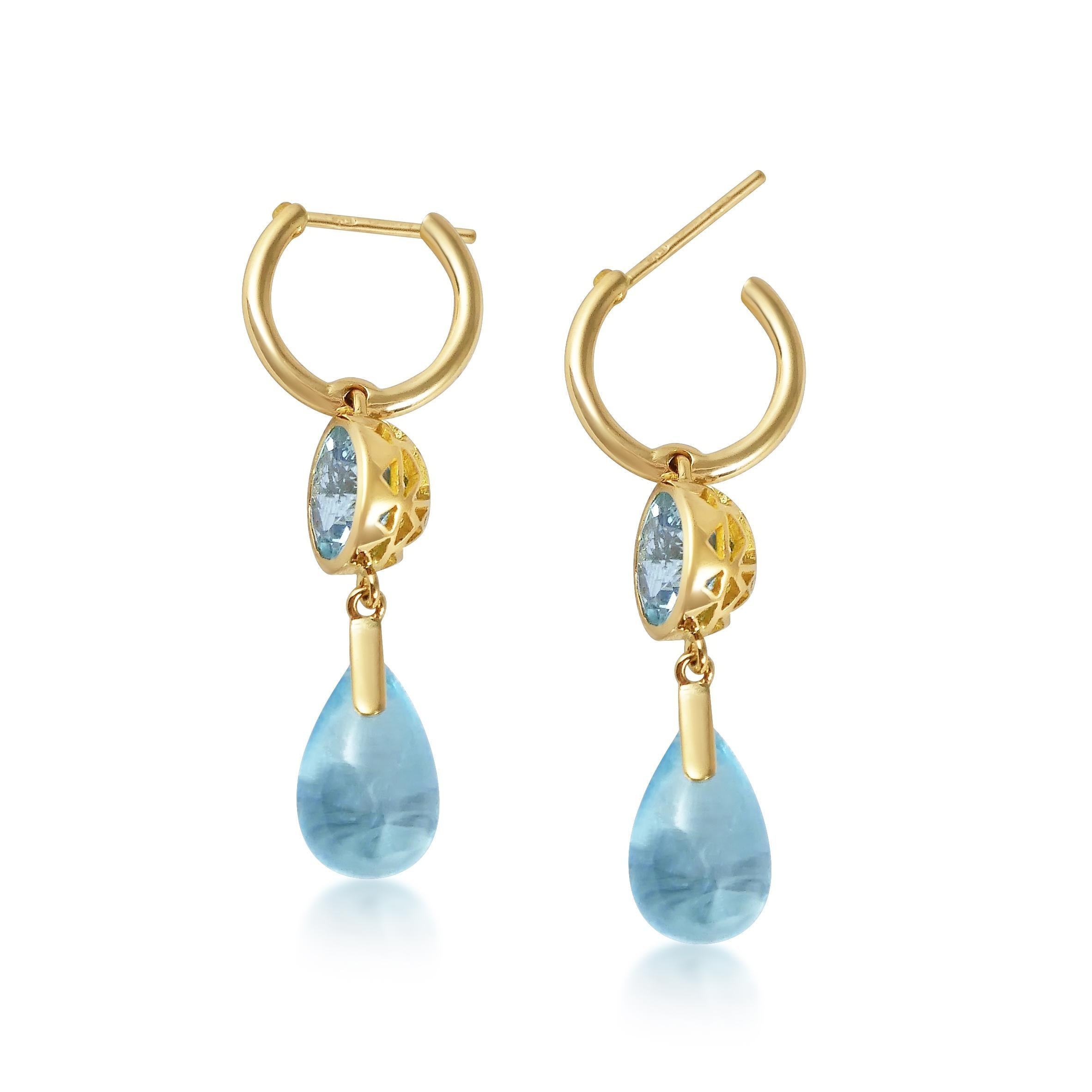 Contemporary Handcrafted 2.70 & 4.40 Carats Aquamarines 18 Karat Yellow Gold Drop Earrings For Sale