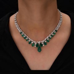23.04Ct Zambian Emerald 18.60Ct Diamond Pear Drop Necklace 18 Karat White Gold