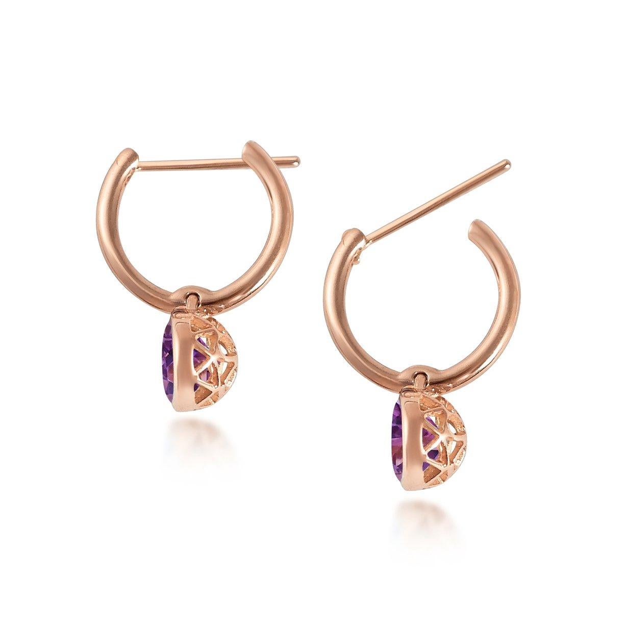 Handcrafted 2.40 Carats Amethyst 18 Karat Rose Gold Drop Earrings. The 8mm natural stones are set in our iconic hand pierced gold lace to let the light through. Our precious and fine stones on our dangling earrings are highlighted by a diamond on