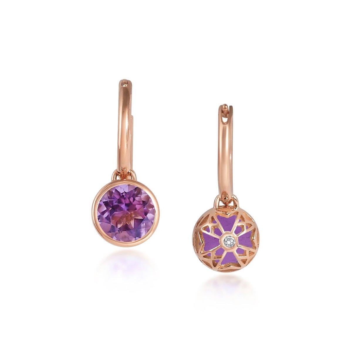 Contemporary Handcrafted 2.40 Carats Amethyst 18 Karat Rose Gold Drop Earrings For Sale