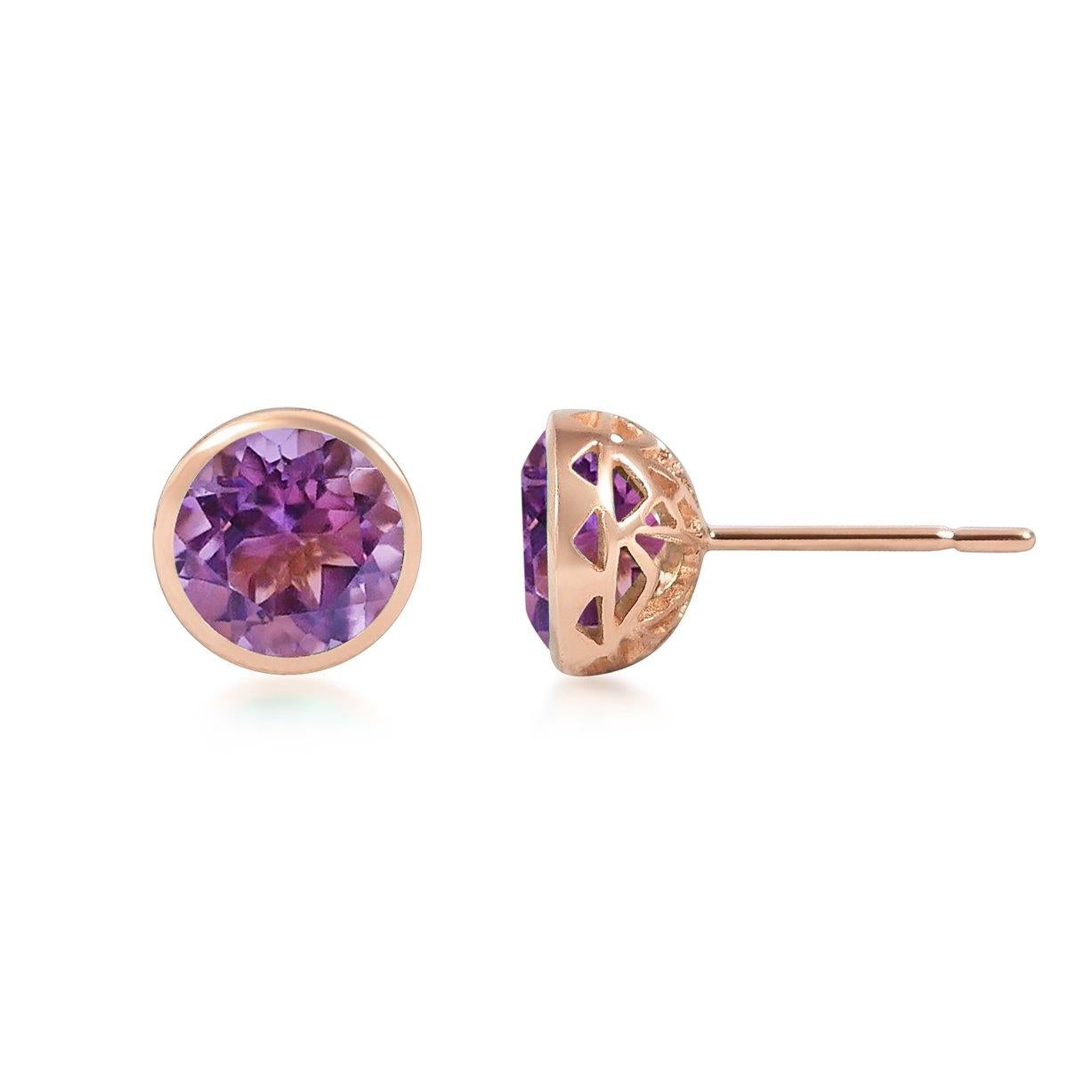 Round Cut Handcrafted 2.40 Carats Amethyst 18 Karat Rose Gold Stud Earrings For Sale