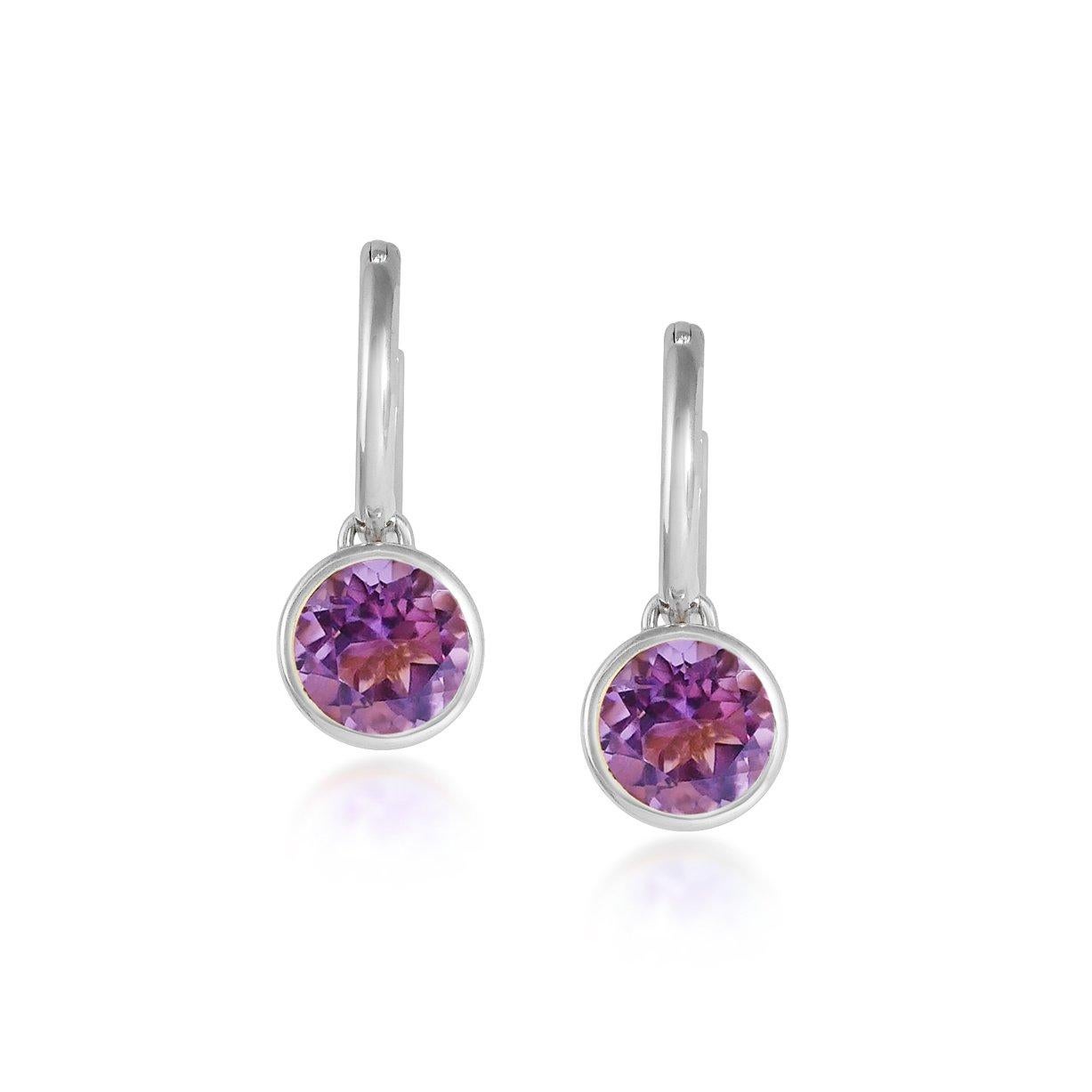 Round Cut Handcrafted 2.40 Carats Amethyst 18 Karat White Gold Drop Earrings For Sale