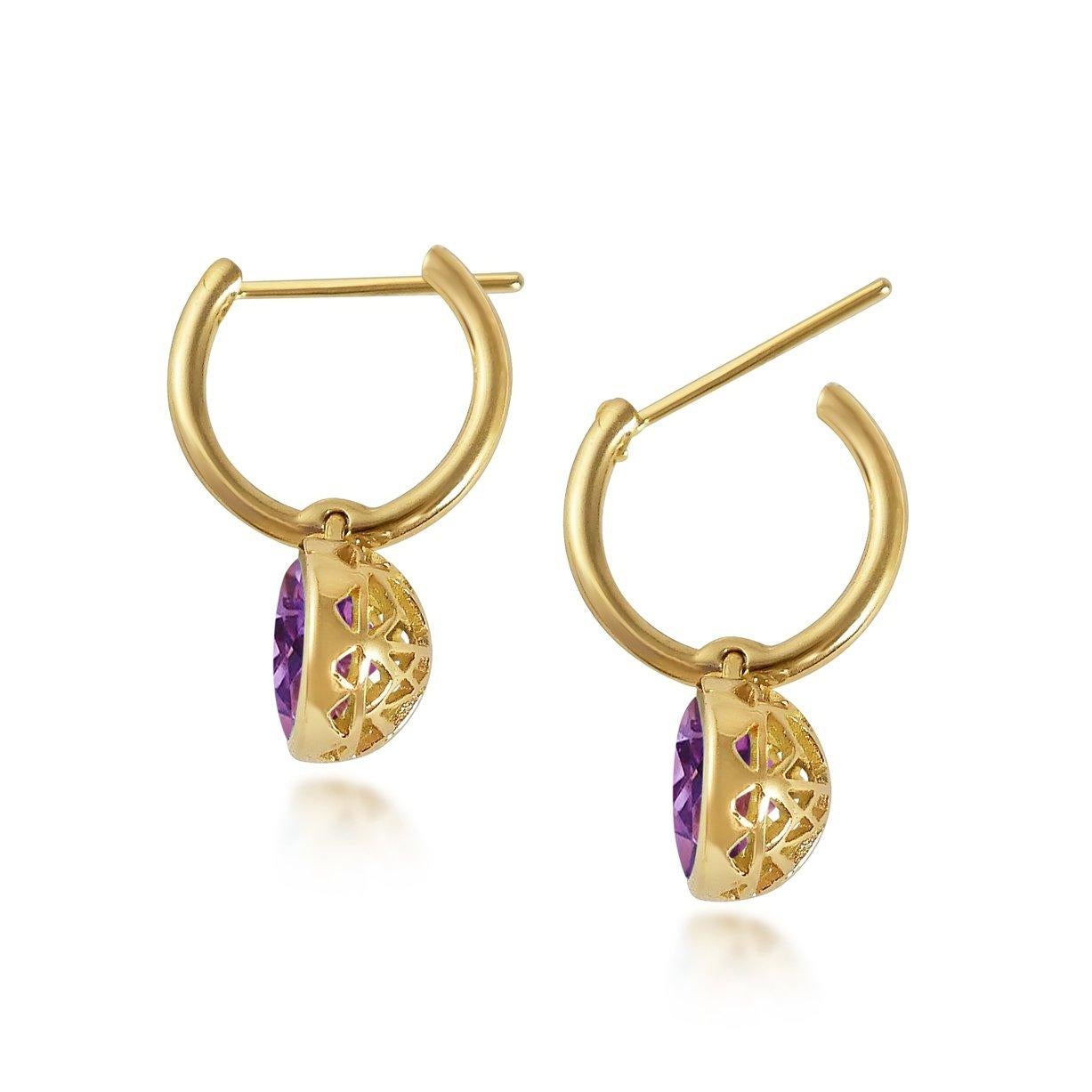 Handcrafted 2.40 Carats Amethyst 18 Karat Yellow Gold Drop Earrings. The 8mm natural stones are set in our iconic hand pierced gold lace to let the light through. Our precious and fine stones on our dangling earrings are highlighted by a diamond on