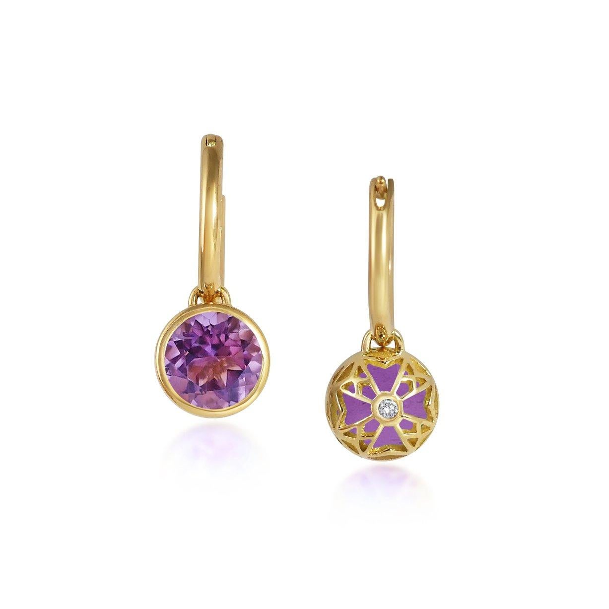 Contemporary Handcrafted 2.40 Carats Amethyst 18 Karat Yellow Gold Drop Earrings For Sale