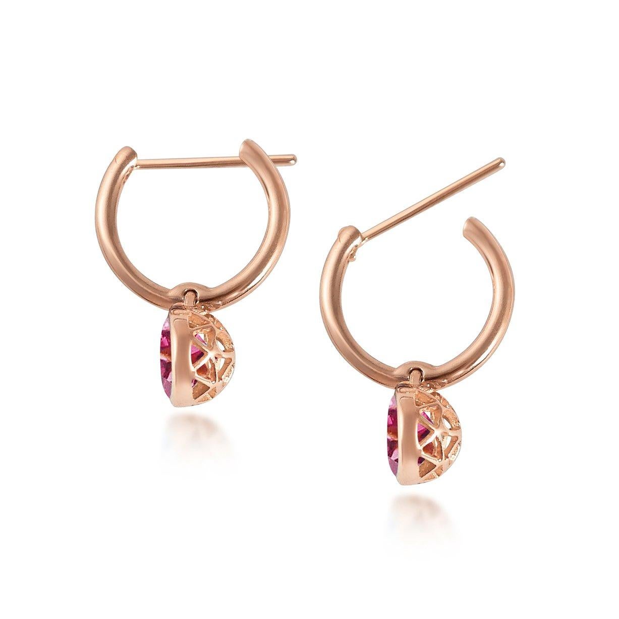 Handcrafted 2.60 Carats Pink Tourmaline 18 Karat Rose Gold Drop Earrings. The 8mm natural stones are set in our iconic hand pierced gold lace to let the light through. Our precious and fine stones on our dangling earrings are highlighted by a