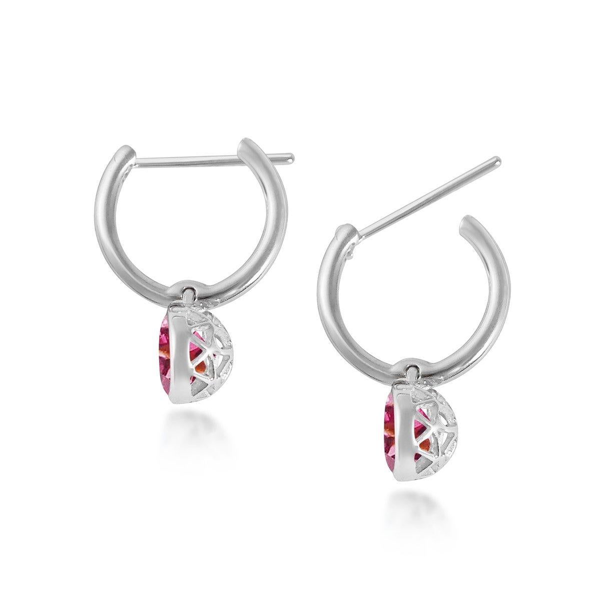 Handcrafted 2.60 Carats Pink Tourmaline 18 Karat White Gold Drop Earrings. The 8mm natural stones are set in our iconic hand pierced gold lace to let the light through. Our precious and fine stones on our dangling earrings are highlighted by a