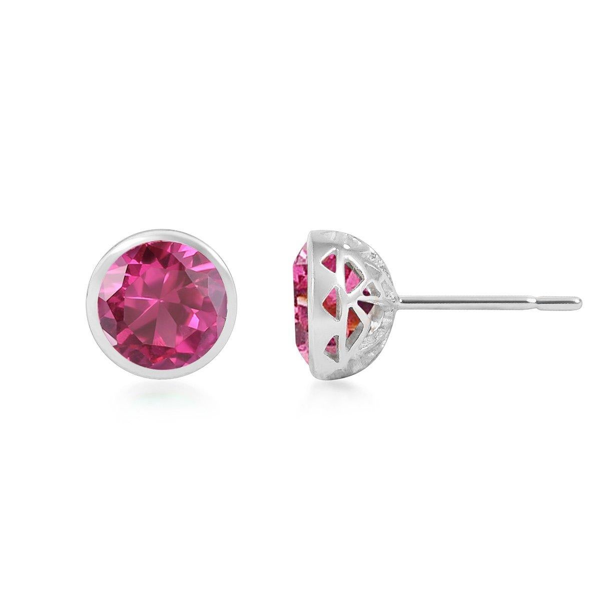 Handcrafted 2.60 Carats Pink Tourmaline 18 Karat White Gold Stud Earrings. The 8mm natural stones are set in our iconic hand pierced gold lace to let the light through our precious and fine stones our earrings are the perfect everyday