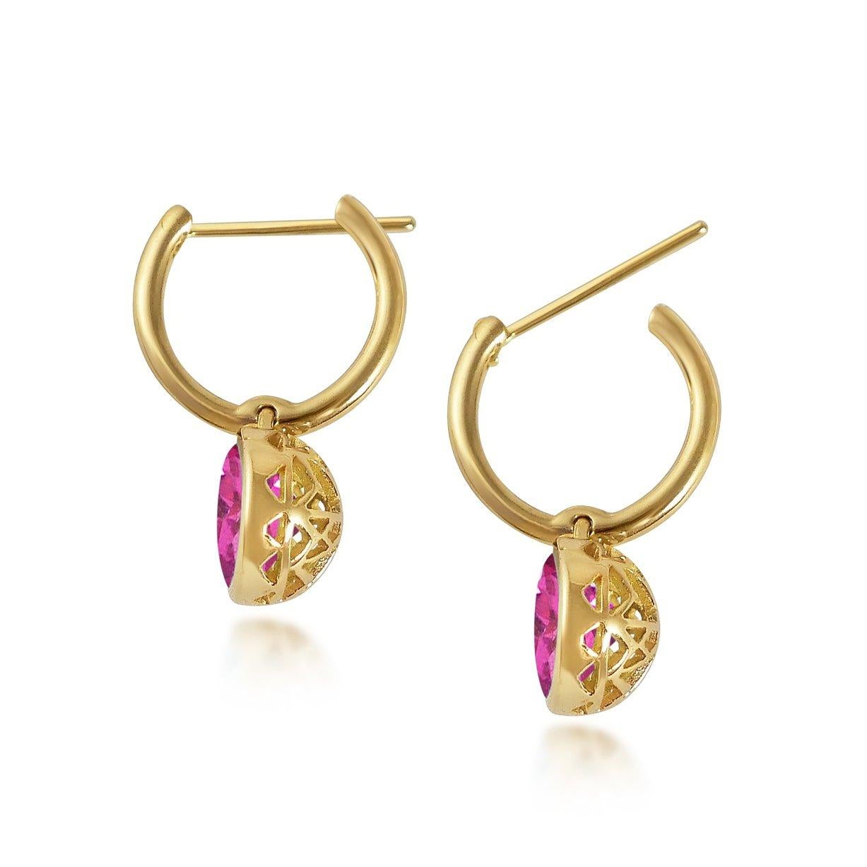 Handcrafted 2.60 Carats Pink Tourmaline 18 Karat Yellow Gold Drop Earrings. The 8mm natural stones are set in our iconic hand pierced gold lace to let the light through. Our precious and fine stones on our dangling earrings are highlighted by a