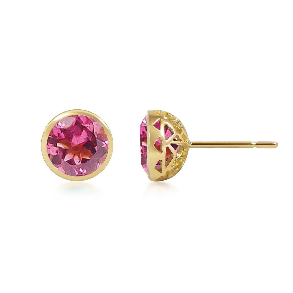 Handcrafted 2.60 Carats Pink Tourmaline 18 Karat Yellow Gold Stud Earrings. The 8mm natural stones are set in our iconic hand pierced gold lace to let the light through our precious and fine stones our earrings are the perfect everyday