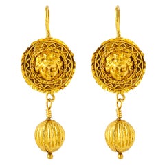 Handcrafted 24K Gold Genuine Antique Medusa Mask Dangling Ball Earrings